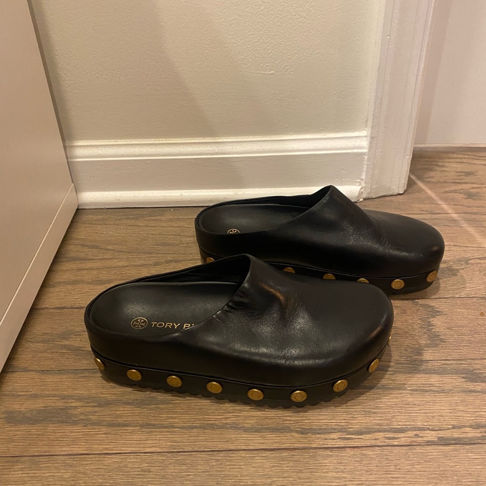 Tory Burch Black Leather Mules with Gold Accents